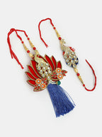 NVR Women & Men Set of 2 Gold-Toned Peacock Design Stone-Studded Bhaiya Bhabhi Rakhi With Roli Chawal & Chocolate | Grocsy