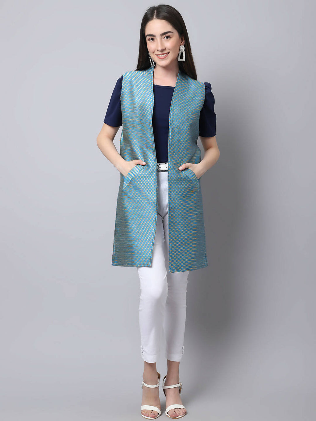 Even Apparels Blue Bansari Silk Open Front Women's Long Coat | Grocsy