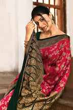 Joban Fashion Hot Pink Crepe Chiffon Pure Handloom Banarasi Silk Saree | Grocsy