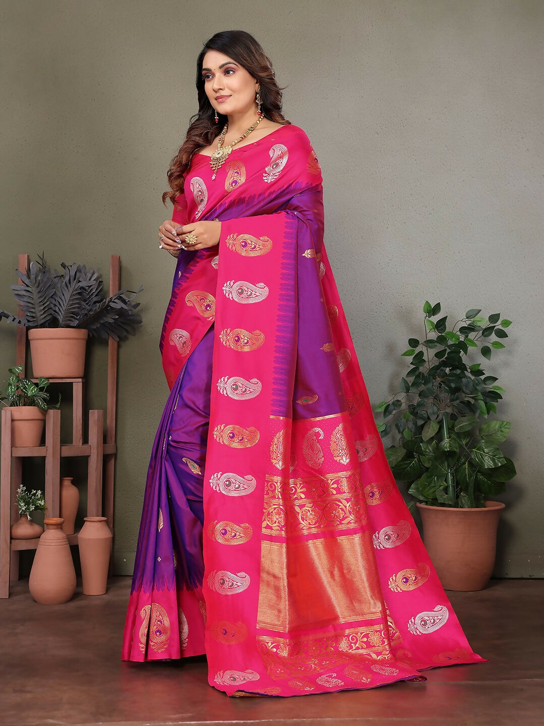 Joban Fashion Banarasi Purple Butti Soft Silk Saree | Grocsy