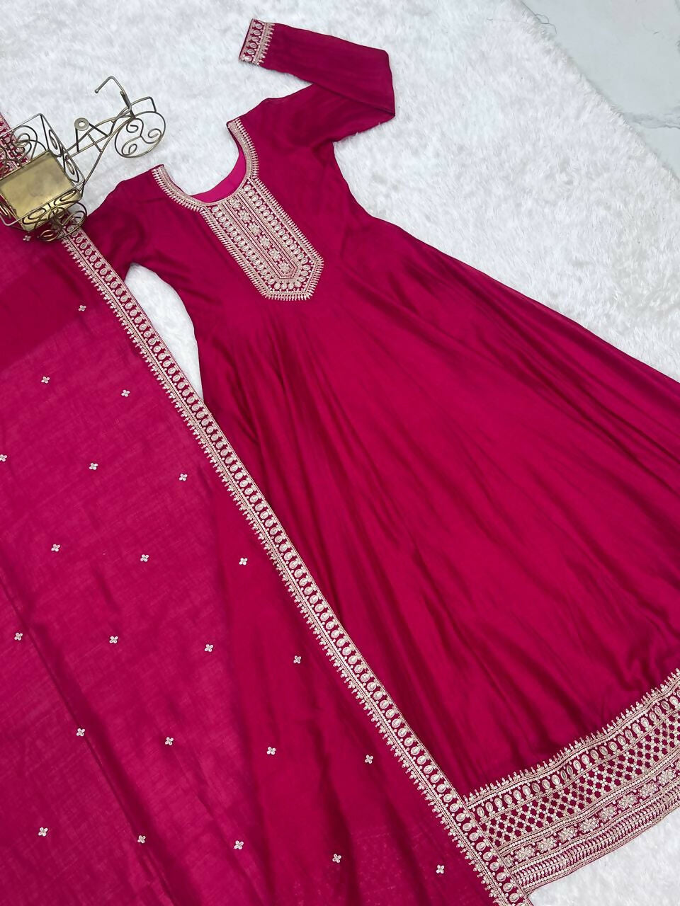 The52 Women's Gorgeous Embroidery Work Vichitra SIlk Fabric Flared Anarkali Dupatta Set-Dark Pink | Grocsy