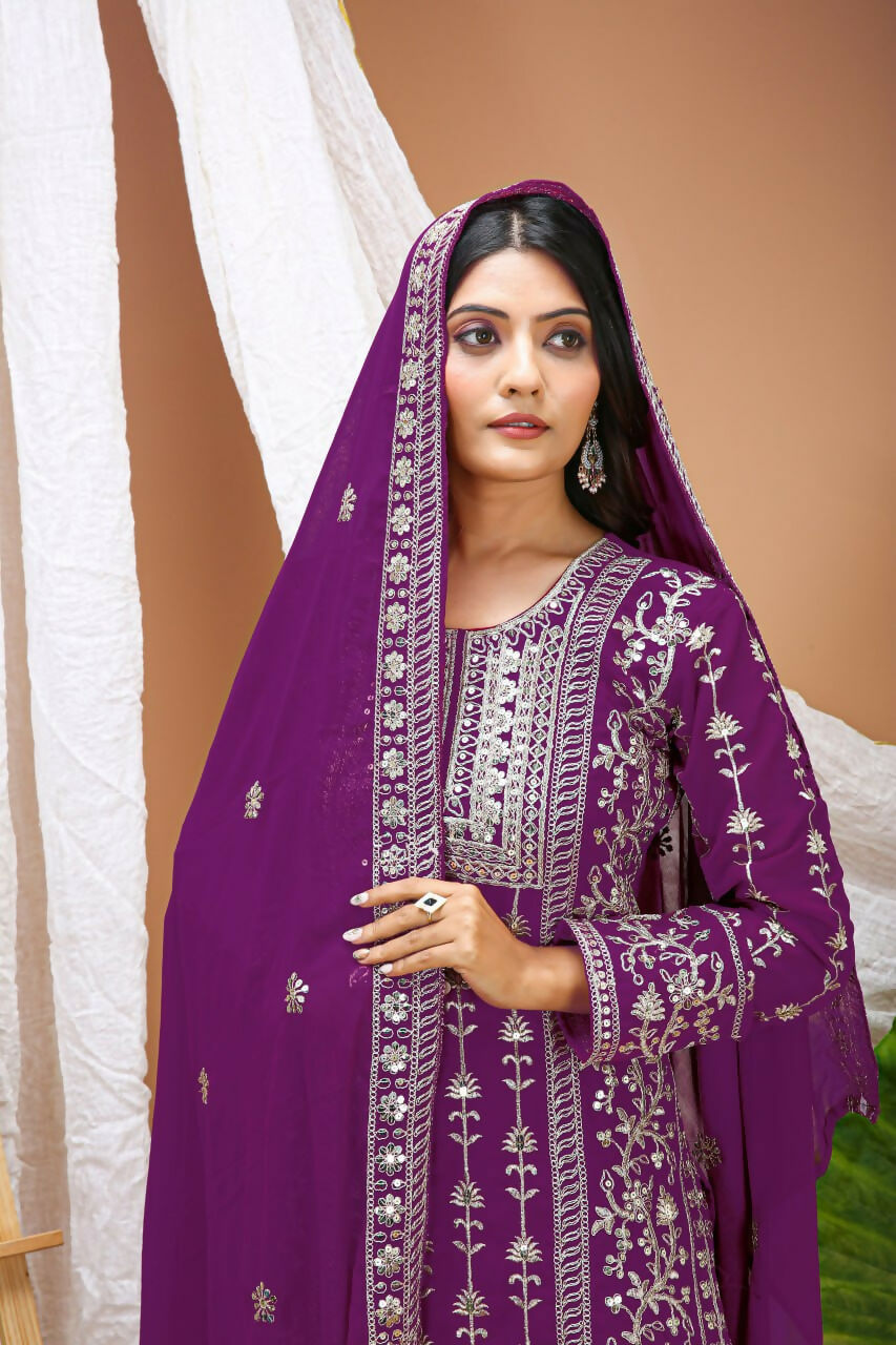 Teeya Creation Wine Faux Georgette Embroidery Work Wedding Wear Salwar Suit | Grocsy