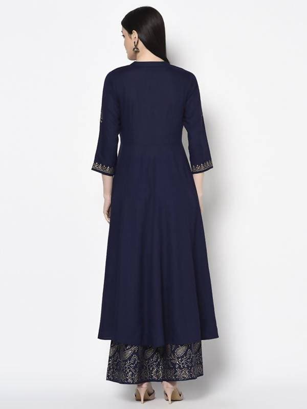 Aniyah Rayon Navy Blue Color Block Print Anarkali Palazzo Set (AN-210K) | Grocsy