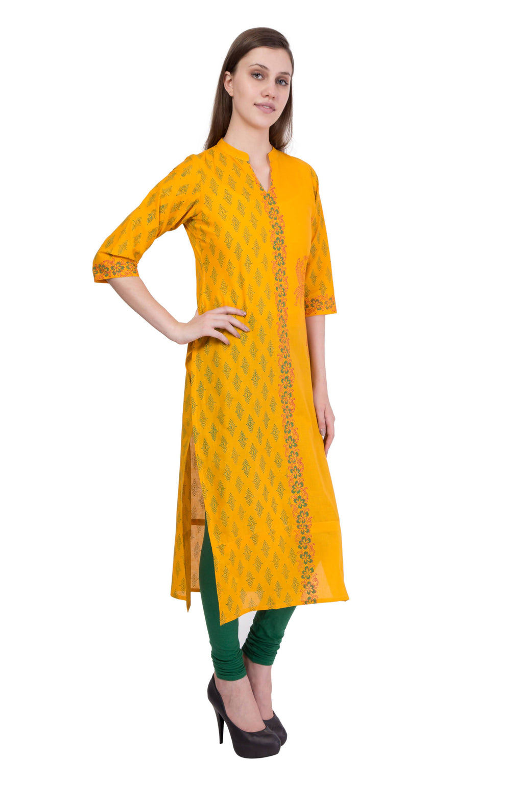Cheera Hand Block Print Mustard Straight Kurta (MAAI-059K) | Grocsy