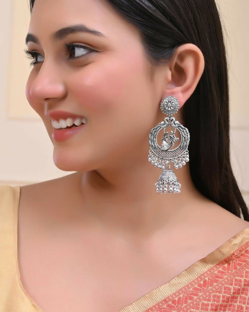 VOJ Silver Plated Krishna Cricluar Oxidized Earrings