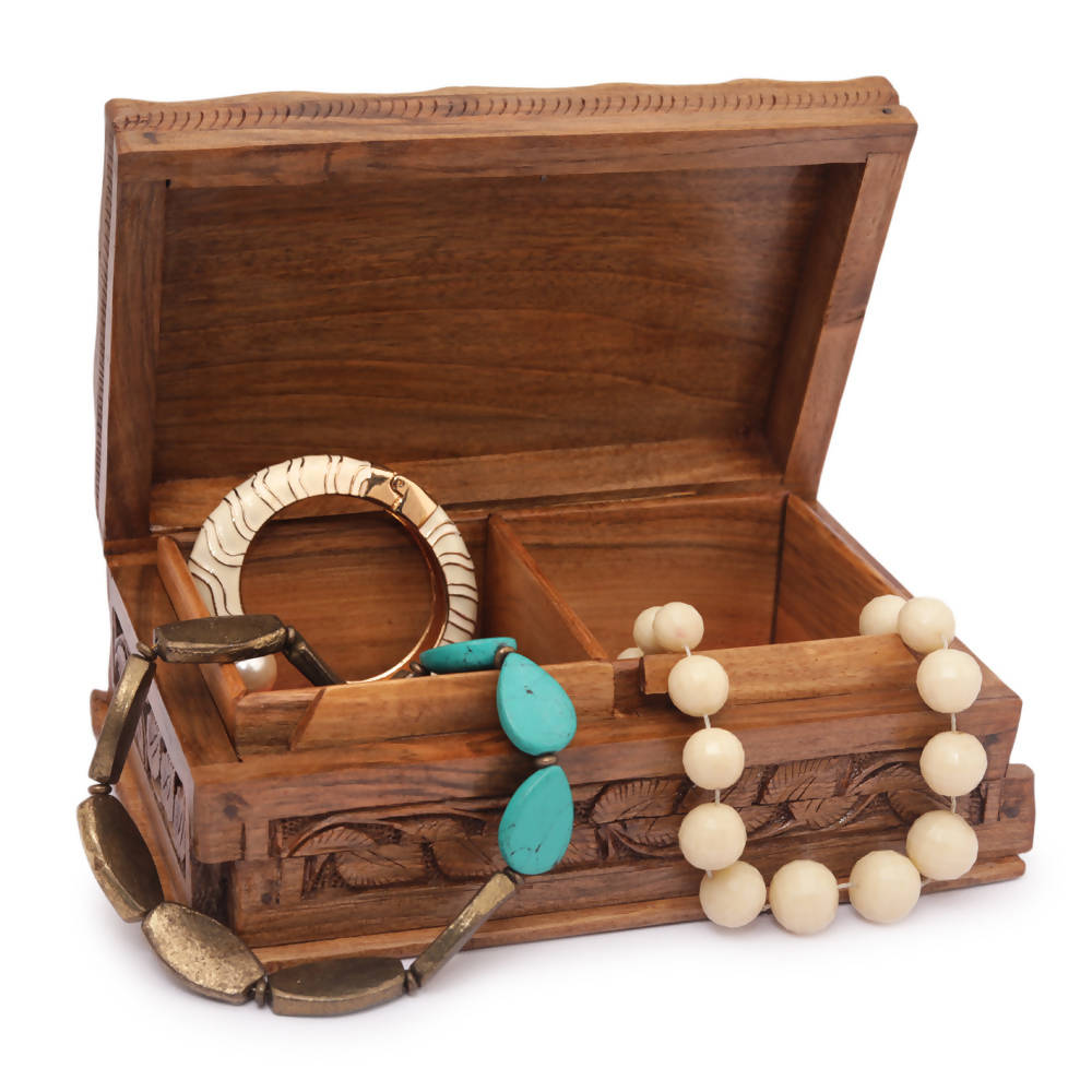 Nizalia Carved Chinar Leaf Handmade Walnut Wood Jewellery Box | Grocsy