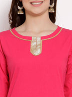 Myshka Women's Pink Cotton 3/4 Sleeve Round Neck Solid Casual Kurta Pant Dupatta Set | Grocsy