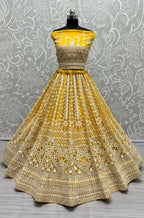 Jyoti Fashion Women's Yellow Net Patterned Thread Embroidered with Sequins Wedding Lehenga Choli | Grocsy