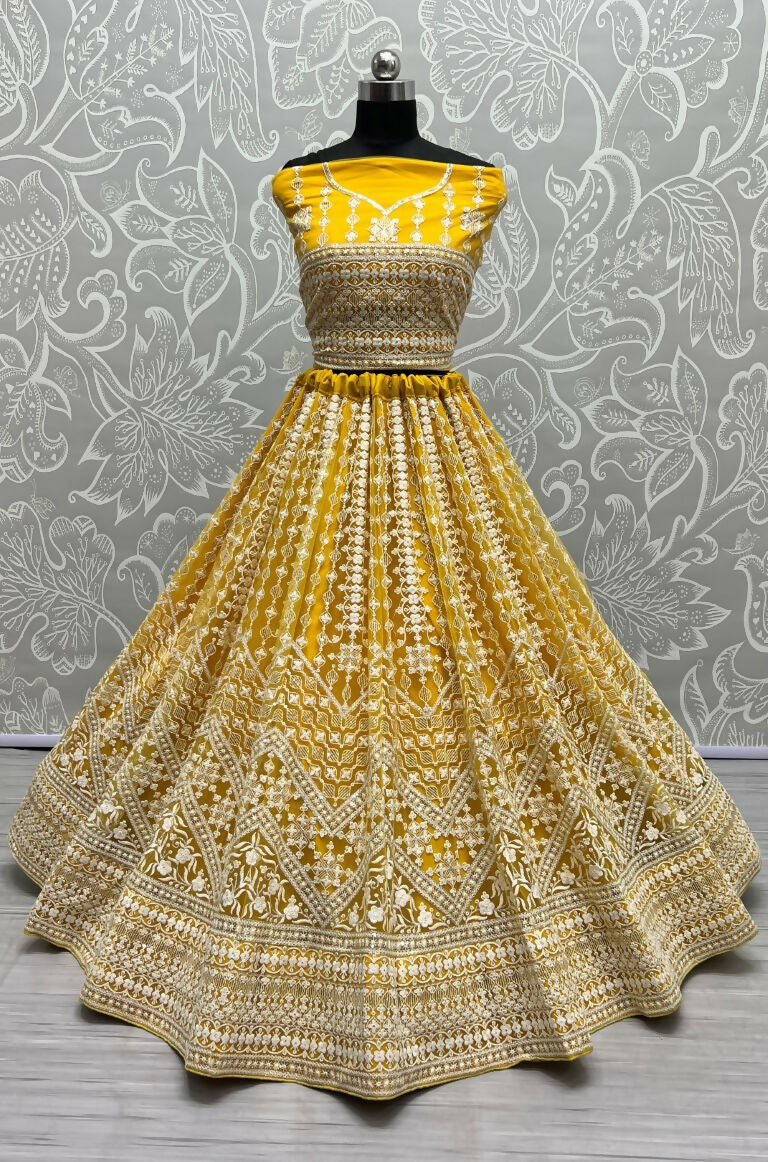 Jyoti Fashion Women's Yellow Net Patterned Thread Embroidered with Sequins Wedding Lehenga Choli | Grocsy