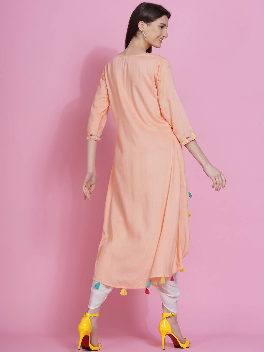 Women Republic Peach Rayon Embroidered Kurta With Mirror Work And Tulip Pants | Grocsy