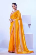 Yellow Satin Jimmy Choo Solid Designer & Lace Work Saree - Samaa | Grocsy