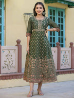 Juniper Women Olive Chanderi Printed Maxi Dress with Embroidered Yoke | Grocsy