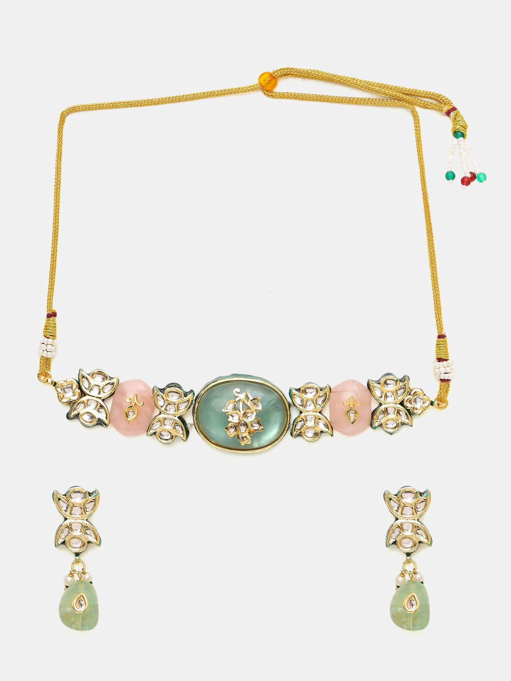 Ruby Raang 22k Gold Polished Kundan And Mint Colored Stonework Choker With Matching Earrings | Grocsy