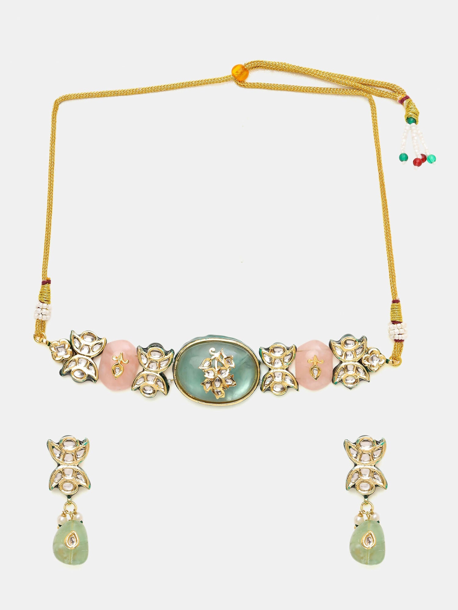 Ruby Raang 22k Gold Polished Kundan And Mint Colored Stonework Choker With Matching Earrings | Grocsy