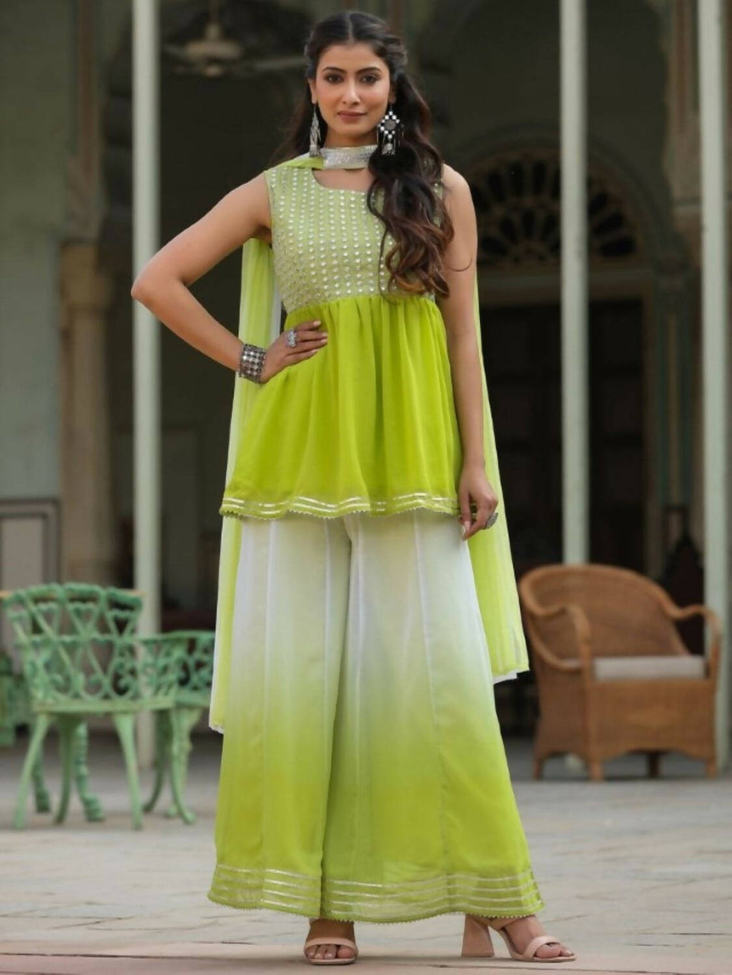 Juniper Women Green Georgette Embroidered Kurta, Palazzo and Dupatta Set | Grocsy