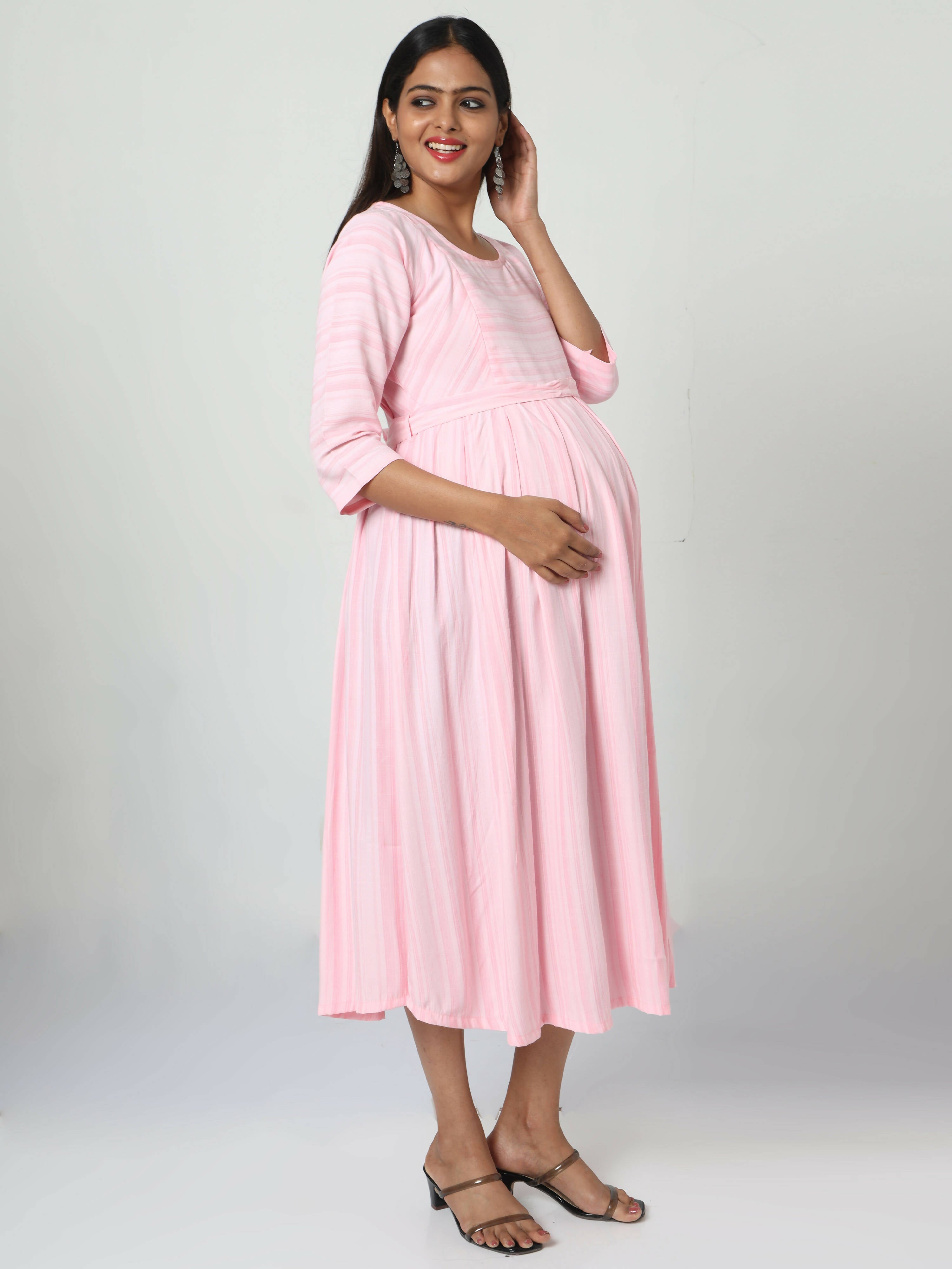 Manet Three Fourth Maternity Dress Striped With Concealed Zipper Nursing Access - Pink | Grocsy