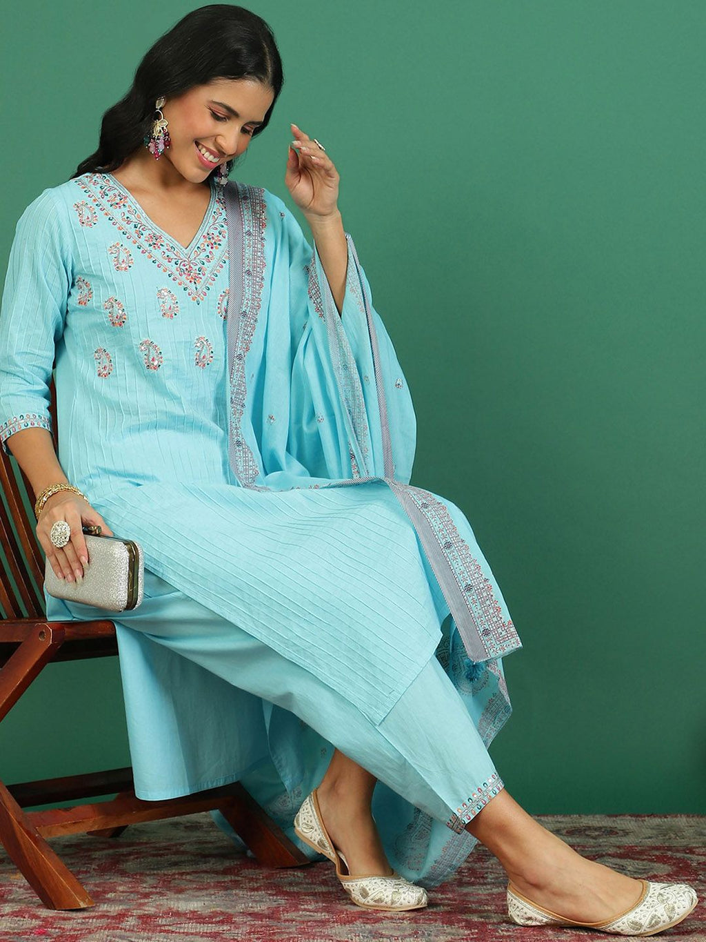Sangria Embroidered Cotton Kurta With Trousers & Dupatta | Grocsy