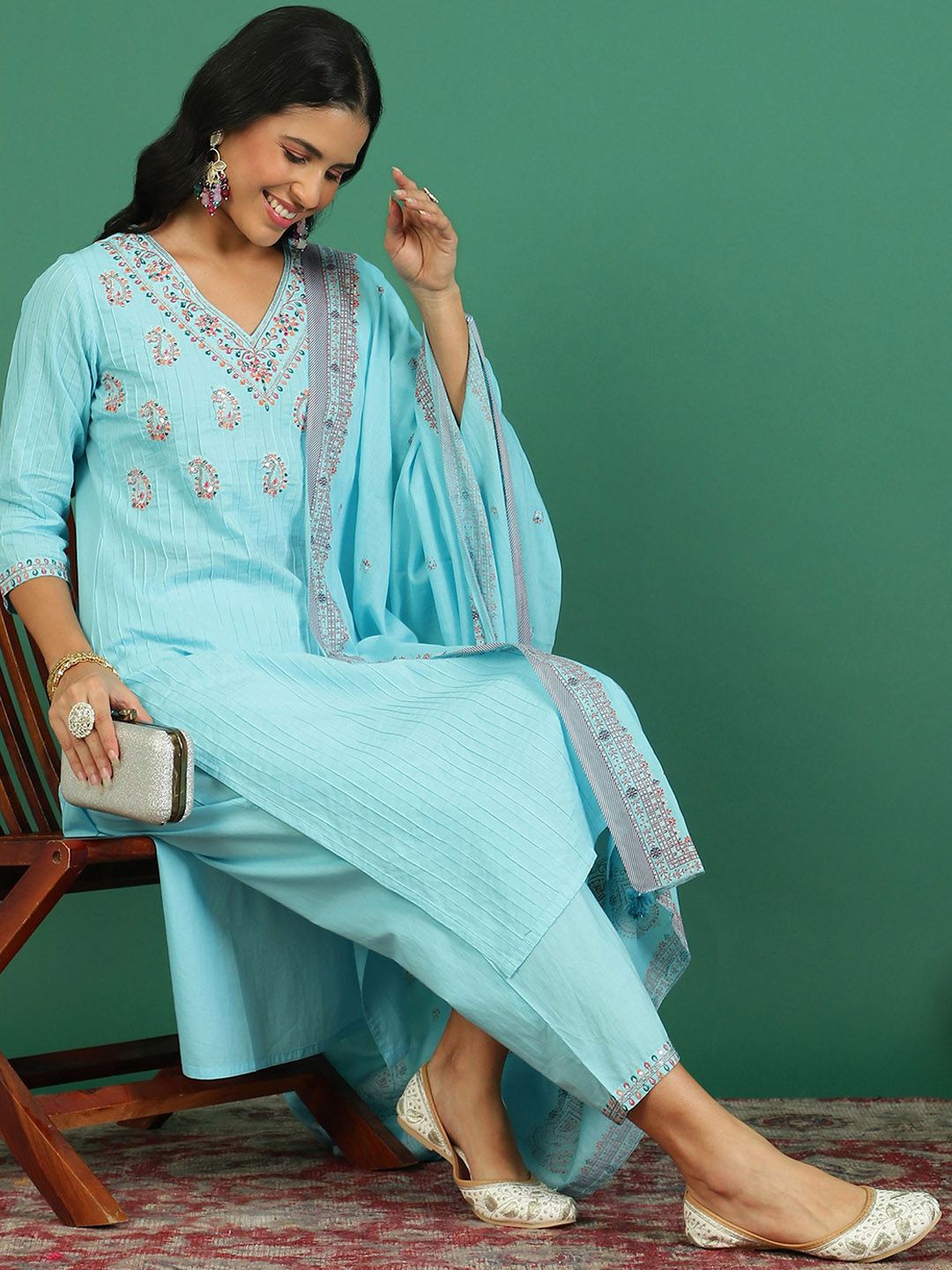 Sangria Embroidered Cotton Kurta With Trousers & Dupatta | Grocsy