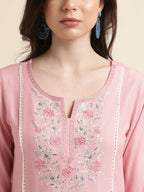 Pink Viscose Rayon Yoke Embroidered A-line Top - Tarini | Grocsy