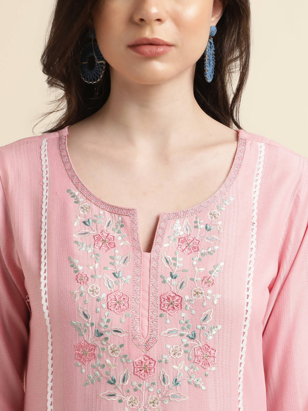 Pink Viscose Rayon Yoke Embroidered A-line Top - Tarini | Grocsy