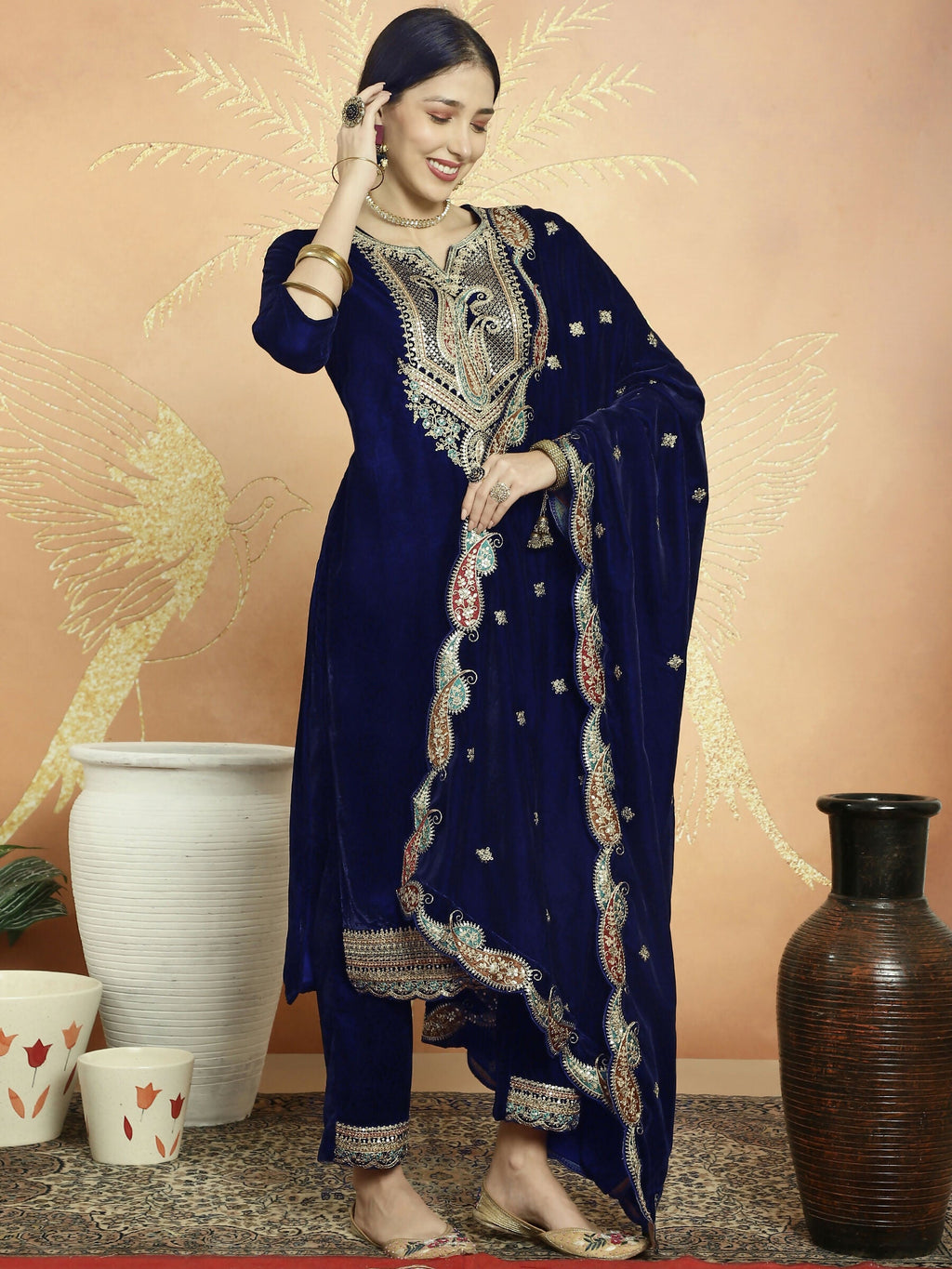 Jyoti Fashion Women's Navy Blue Velvet Cording with Resham Thread & Sequin Kurta with Trouser & Dupatta | Grocsy
