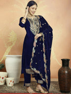 Jyoti Fashion Women's Navy Blue Velvet Cording with Resham Thread & Sequin Kurta with Trouser & Dupatta | Grocsy