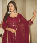 Jyoti Fashion Women's Maroon Georgette Embroidered Anarkali Kurta Pant Set With Dupatta | Grocsy