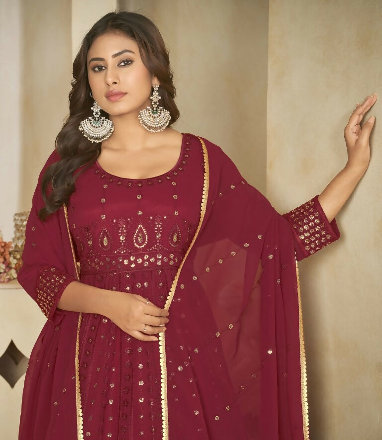 Jyoti Fashion Women's Maroon Georgette Embroidered Anarkali Kurta Pant Set With Dupatta | Grocsy