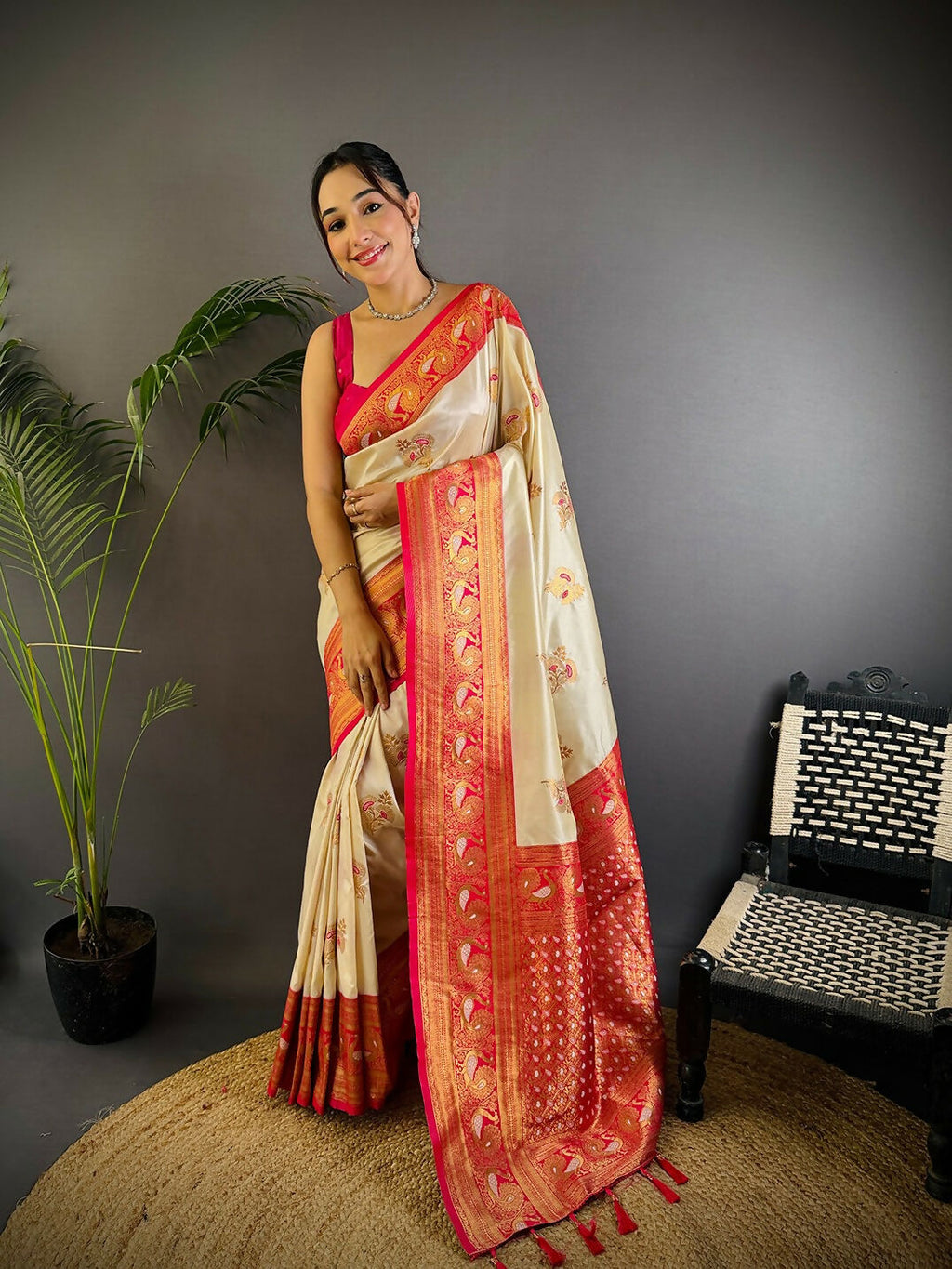 Joban Fashion Banarasi White Woven Soft Silk Saree | Grocsy