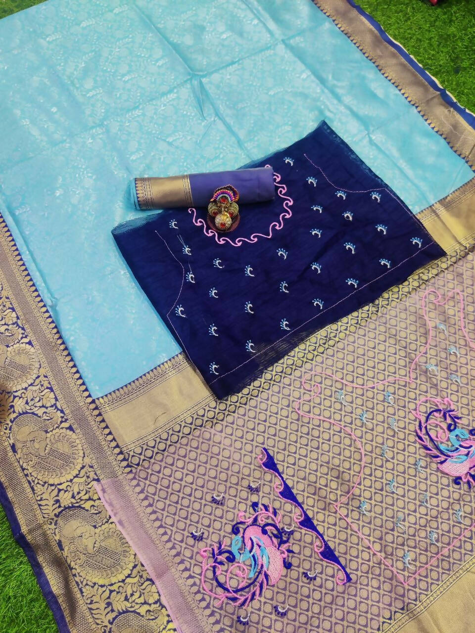 DEIANA'S Beautiful Designer Golden zari Soft Lichi Silk Saree - Sky | Grocsy