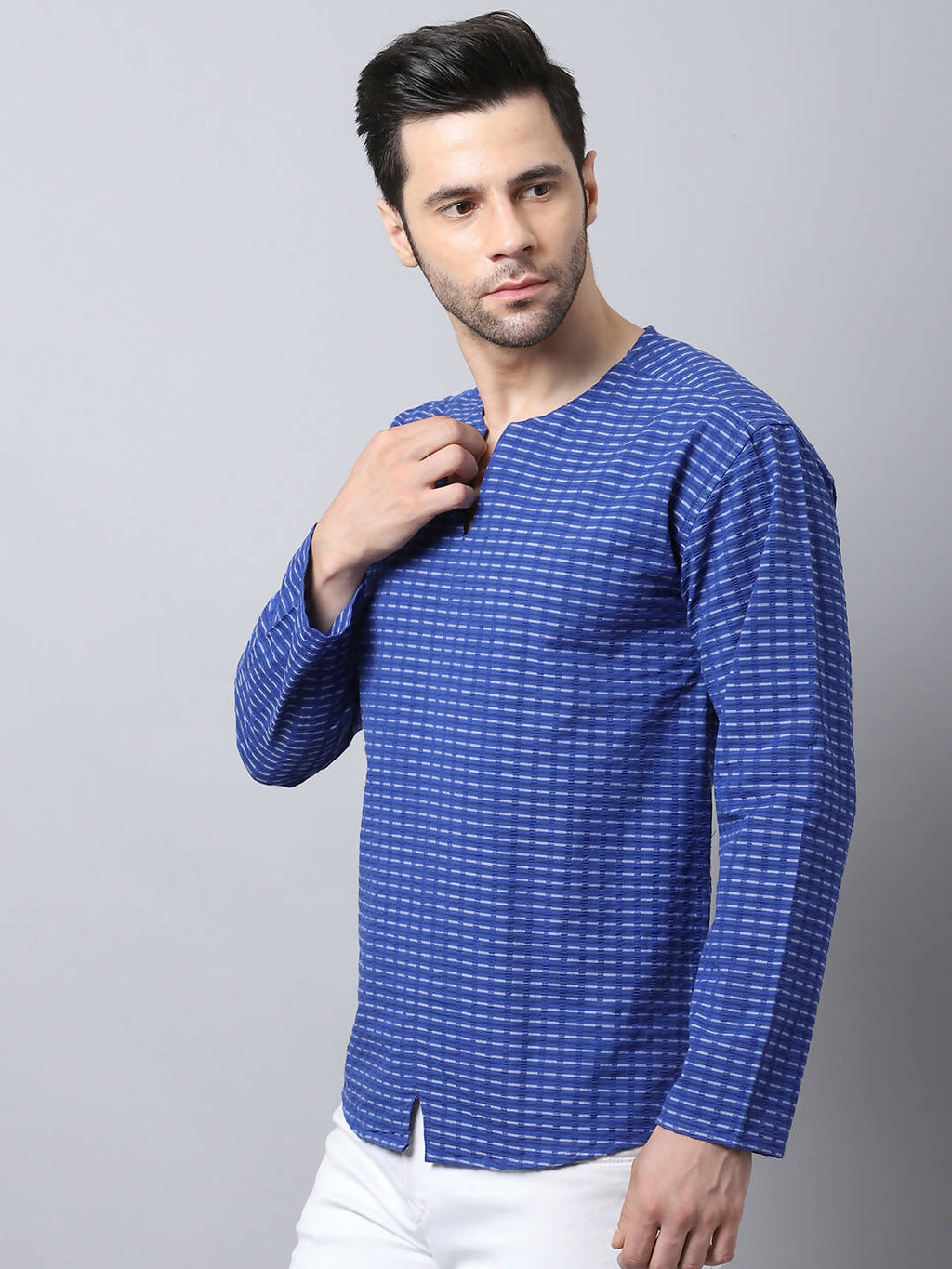 Even Apparels Blue Pure Cotton Round Neck Slit Men's Kurta | Grocsy