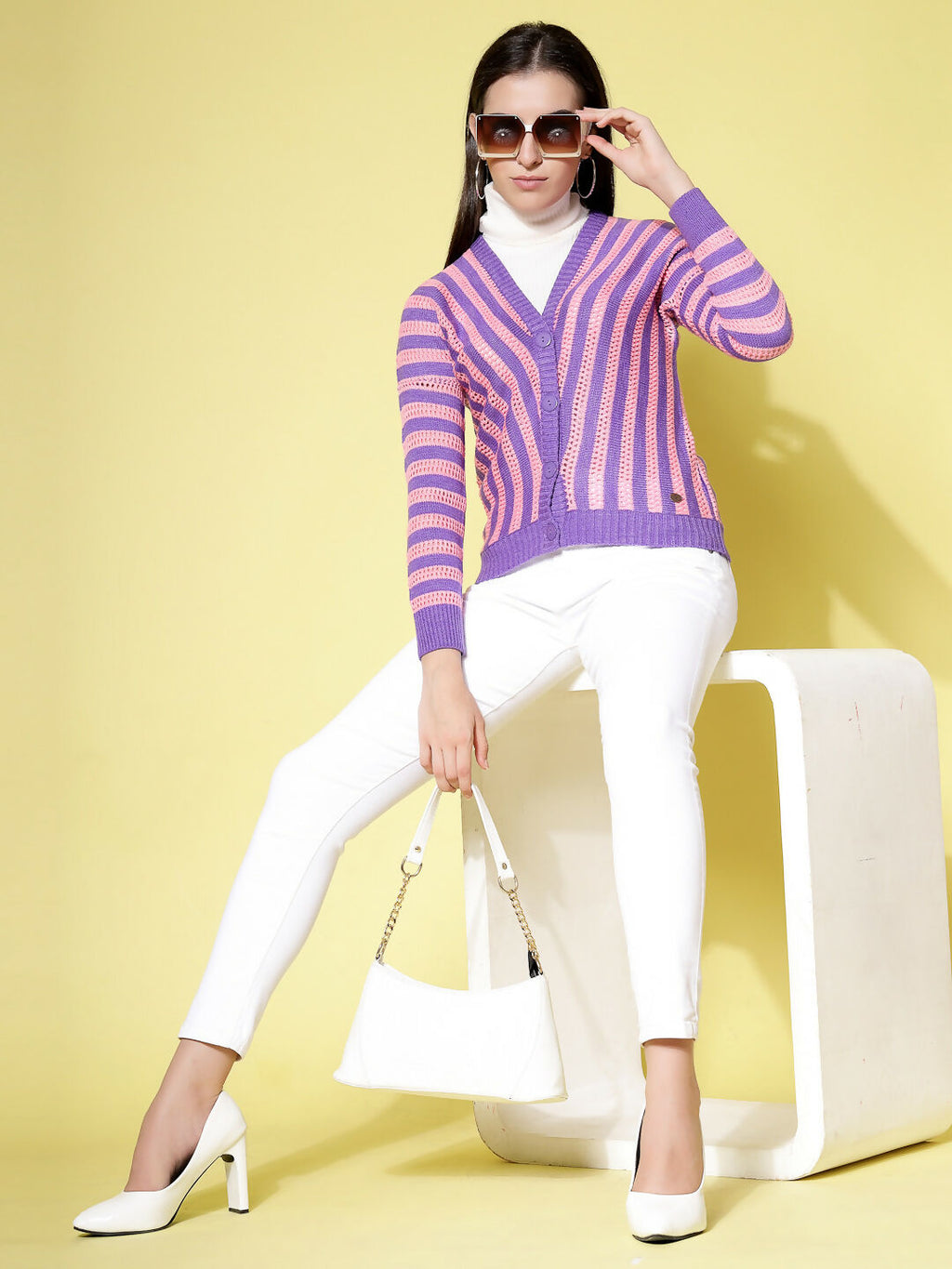 Women Violet Acrylic Stripe Cardigan - Wool Trees | Grocsy