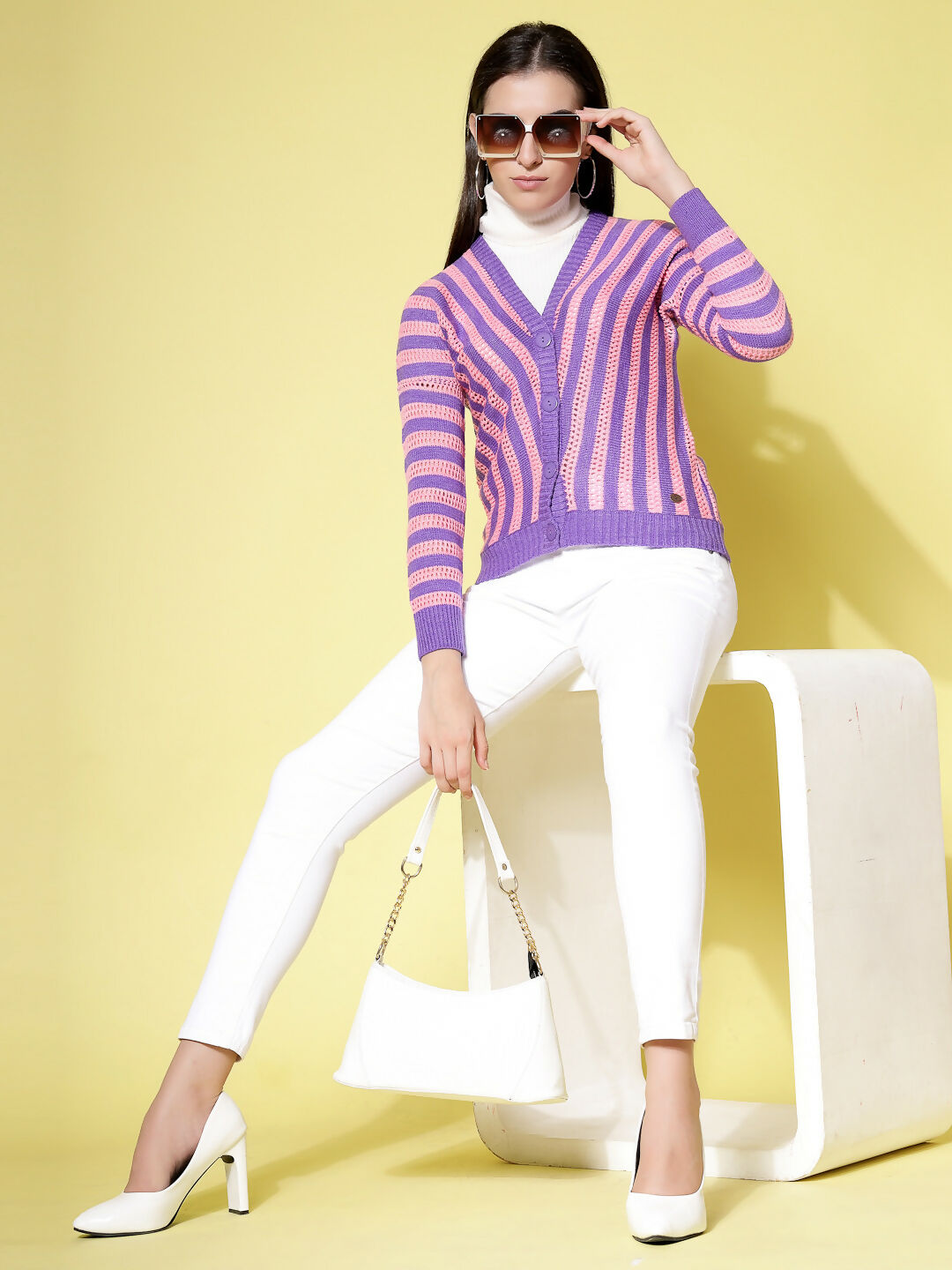Women Violet Acrylic Stripe Cardigan - Wool Trees | Grocsy