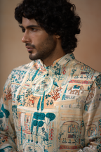 Classic Forest Print Silk Nehrujacket Set by Hilo Design | Grocsy