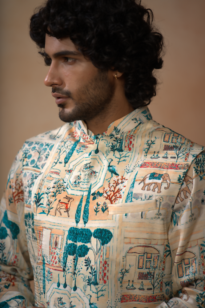 Classic Forest Print Silk Nehrujacket Set by Hilo Design | Grocsy