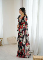 PR Fashion Black Georgette Printed With Mirror Work Saree | Grocsy