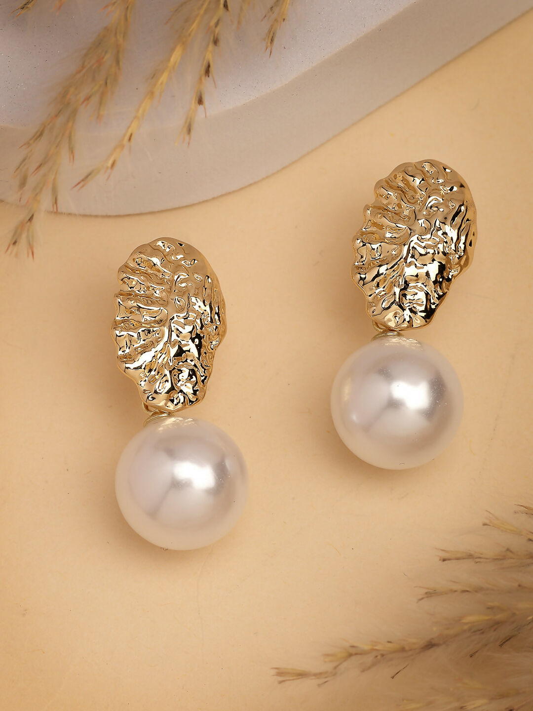 NVR Women's Gold-Polished White Pearl Drop Earrings | Grocsy