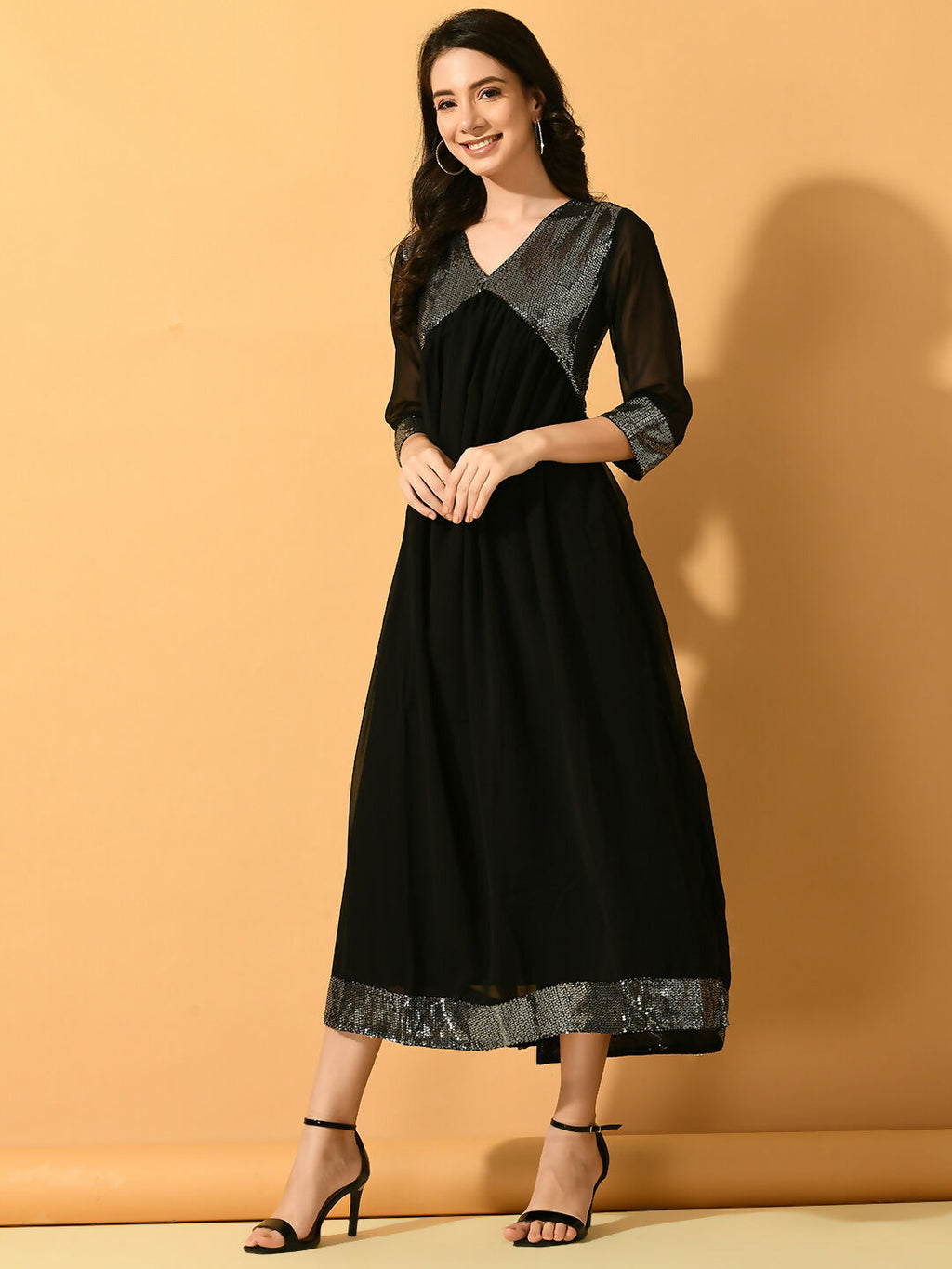 Myshka Women's Black Fit and Flare Party Dress | Grocsy