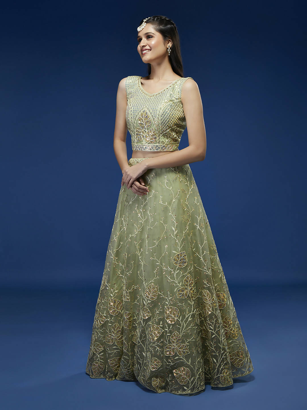 House of Panchhi Pista Net Sequinse Work Lehenga & Blouse, Dupatta | Grocsy