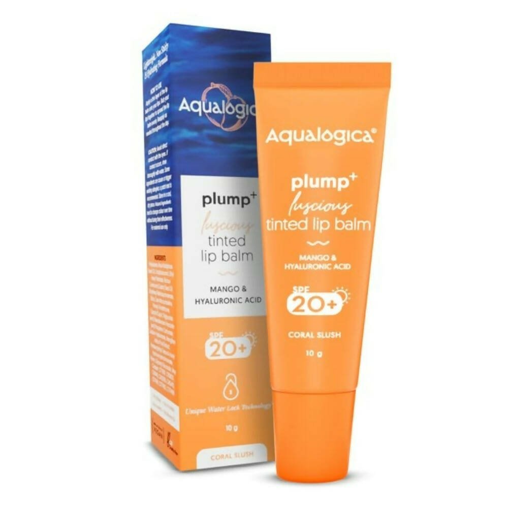 Aqualogica Coral Slush Plump+ Luscious Tinted Lip Balm with Mango and Hyaluronic Acid, SPF 20+ | Grocsy