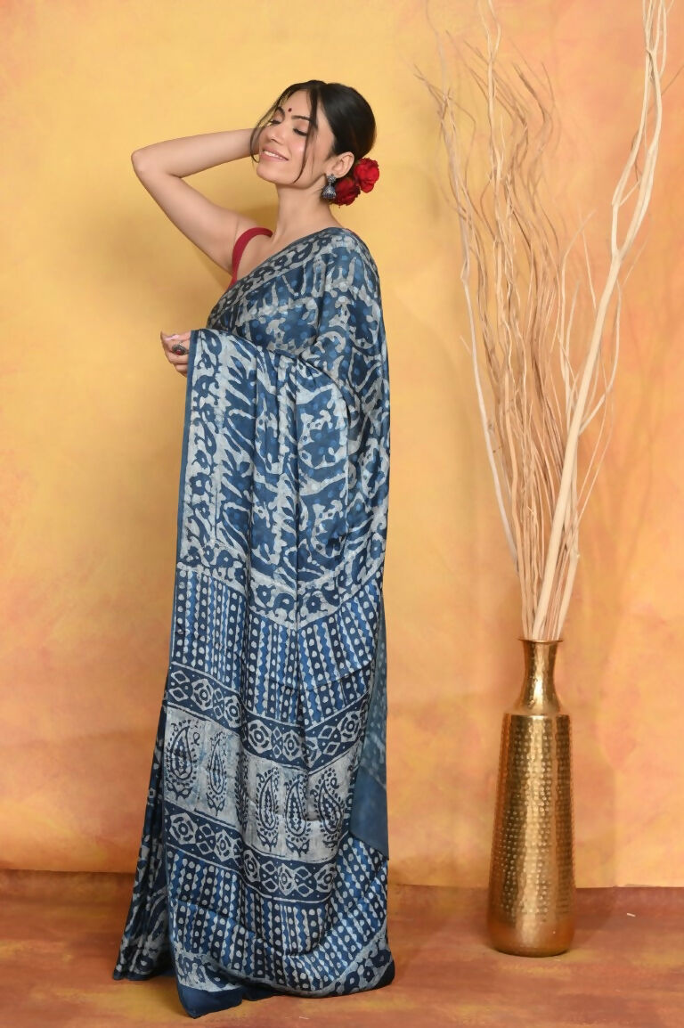 Very Much Indian Modal Silk Ajrakh Handblock Printed Natural Dyes Sleek Border Saree - Powder Blue | Grocsy