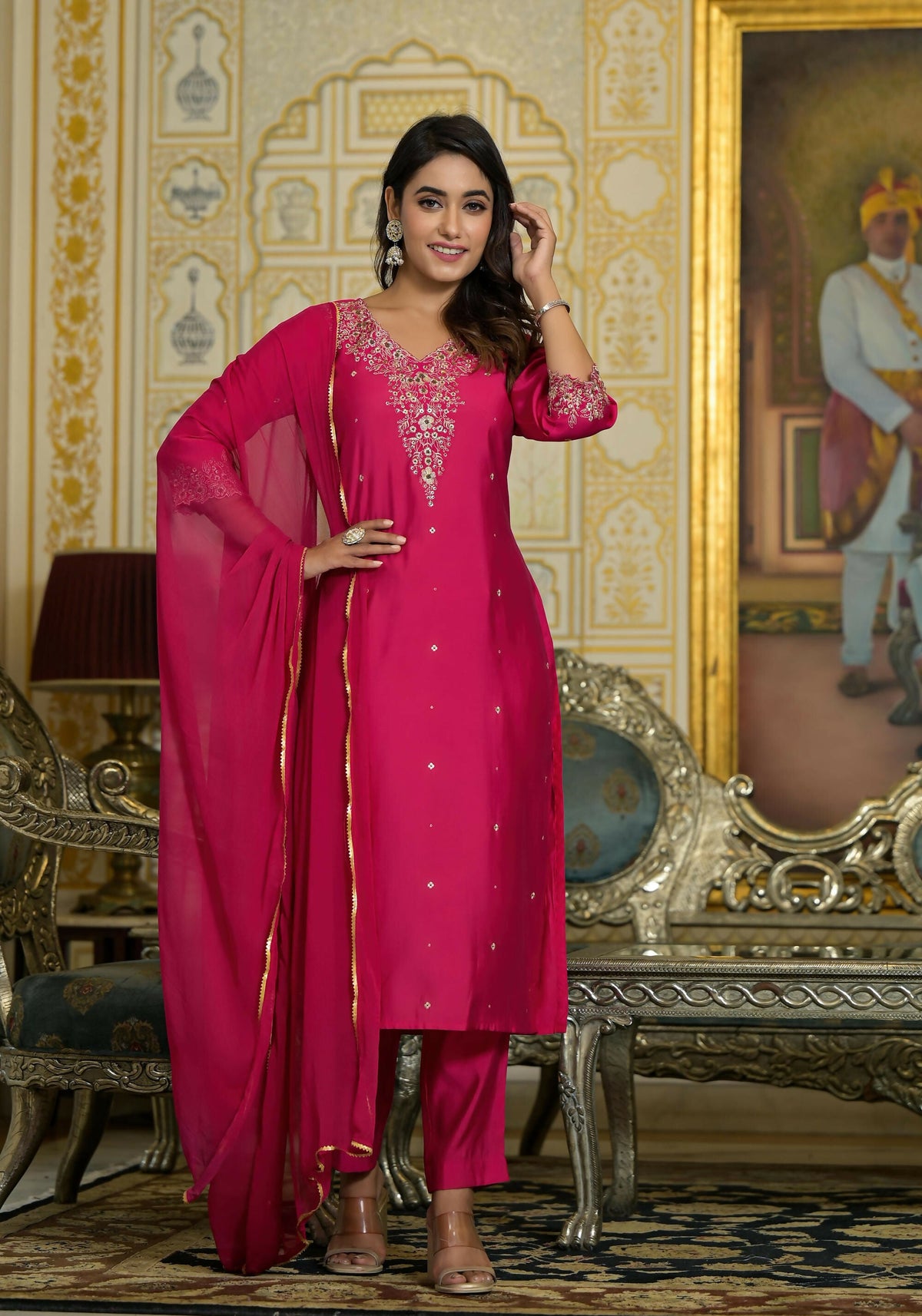 Juniper Women's Fuchsia Zari Embroidered Viscose Kurta Pant And Dupatta Set With Lace | Grocsy