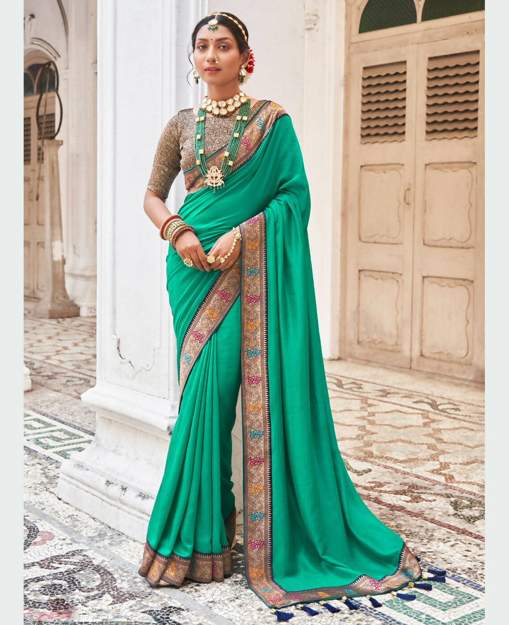 Sea Green Vichitra Solid Saree With Unstitched Blouse Piece - Juhi | Grocsy