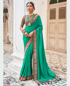 Sea Green Vichitra Solid Saree With Unstitched Blouse Piece - Juhi | Grocsy