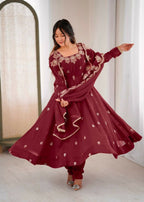 Teeya Creation Maroon Color Crunchy Silk Embroidery Work Wedding Wear Gown | Grocsy