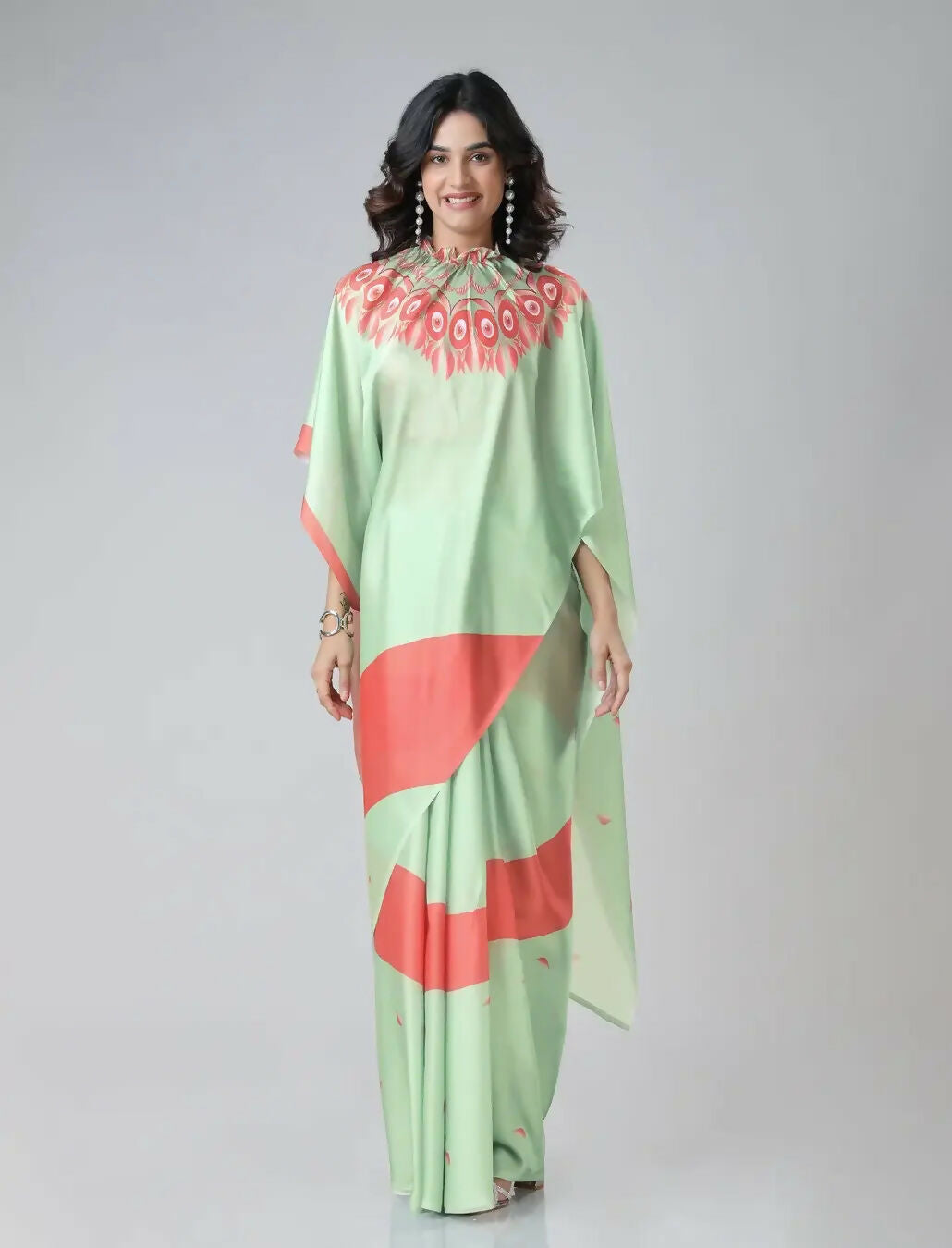 Vastranavya Mint Green & Coral Mandala Print Free Hand Ready to Wear Saree | Grocsy