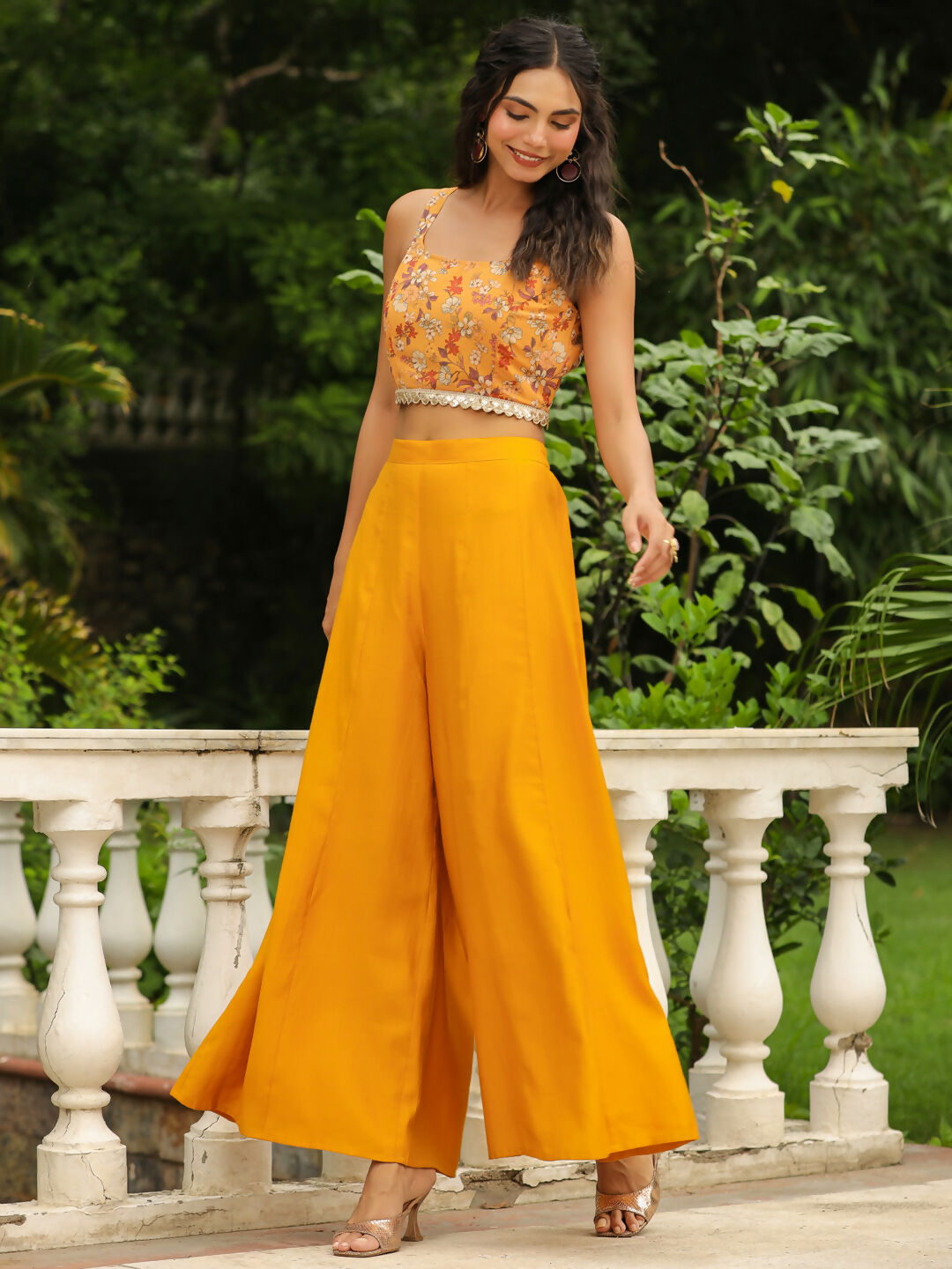 Janasya Mustard Georgette Floral Top Bottom Cape | Grocsy