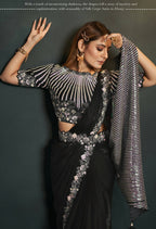 Black Silk Crepe Satin Cord Sequence & Thread Embroidered & Stone Work Saree - Moh-Manthan Royal Enigma | Grocsy