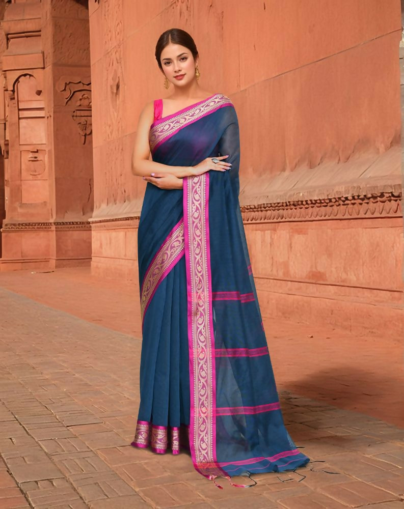 Joban Fashion Women Blue & Pink Trendy Cotton Saree | Grocsy