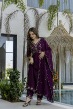 The52 Women's Beautiful Embroidery Work Vichitra Silk Fabric Flared Anarkali Pant and Dupatta Set | Grocsy